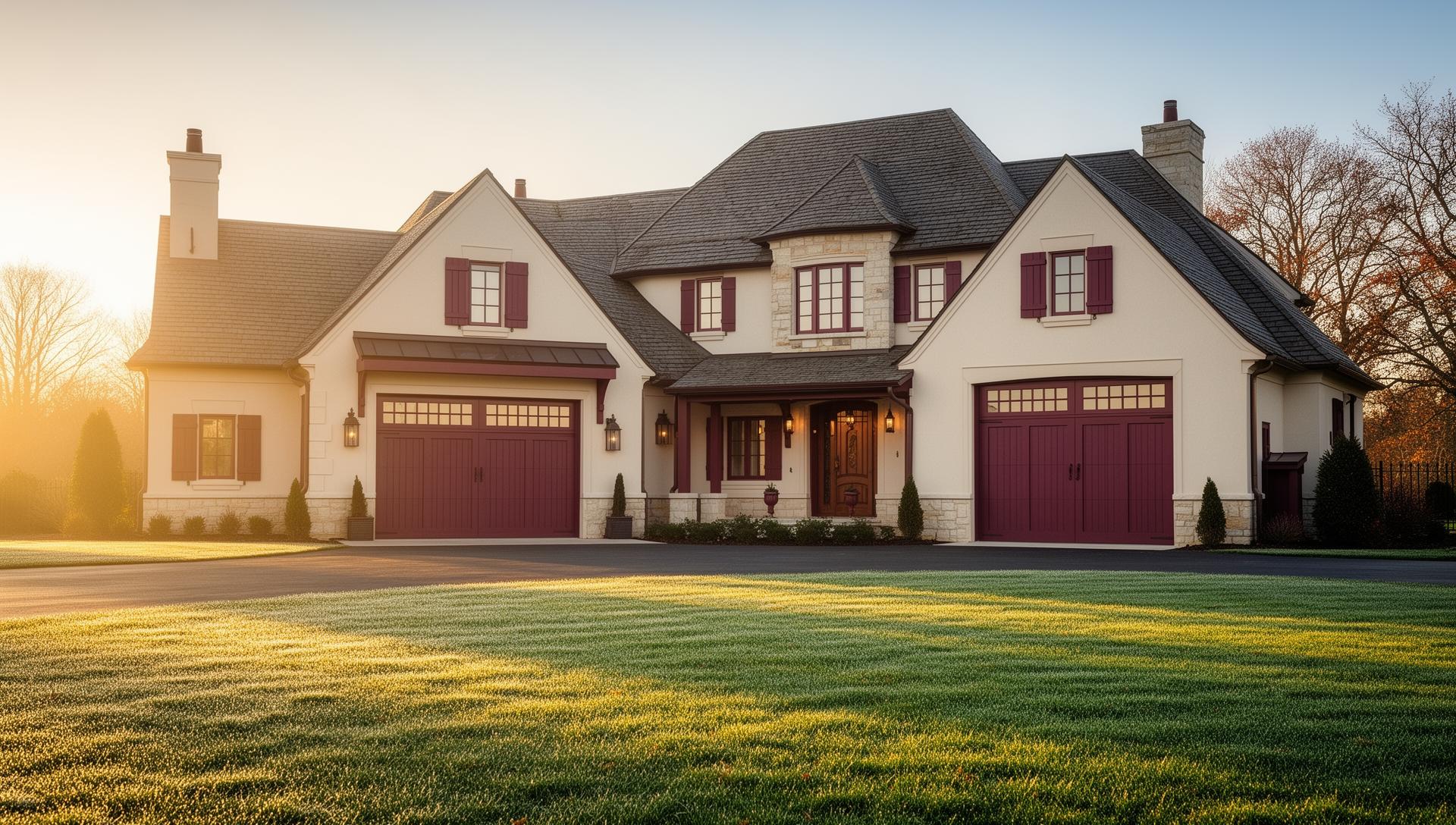 Beautiful French country estate with craftsman style garage doors featuring rectangular windows at top
